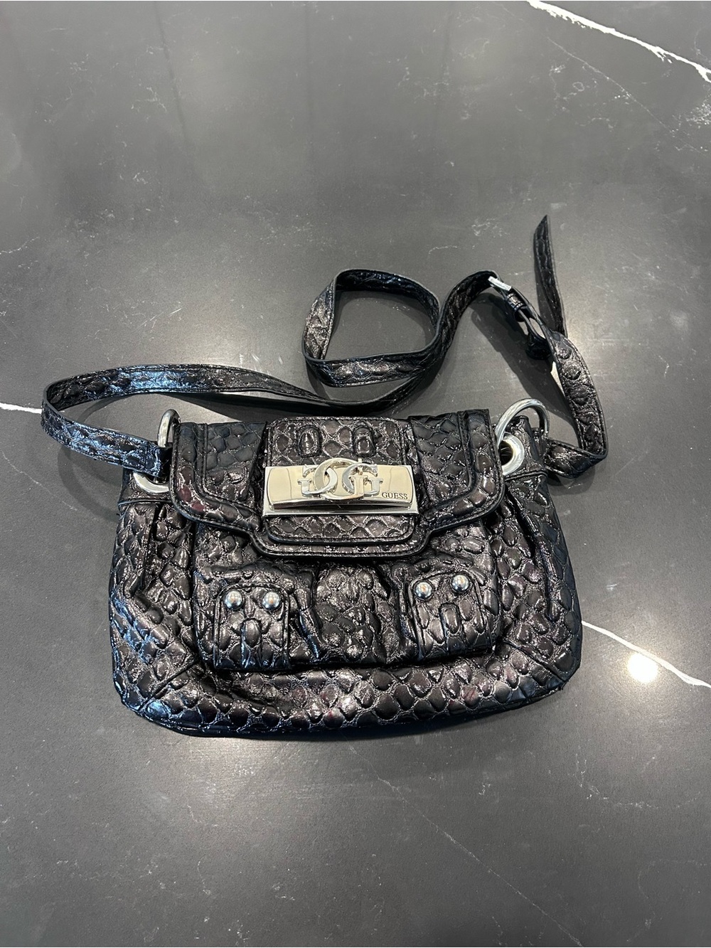 Vintage Guess Y2K Black Croc Embossed Crossbody Bag Studded Silver Logo Textured